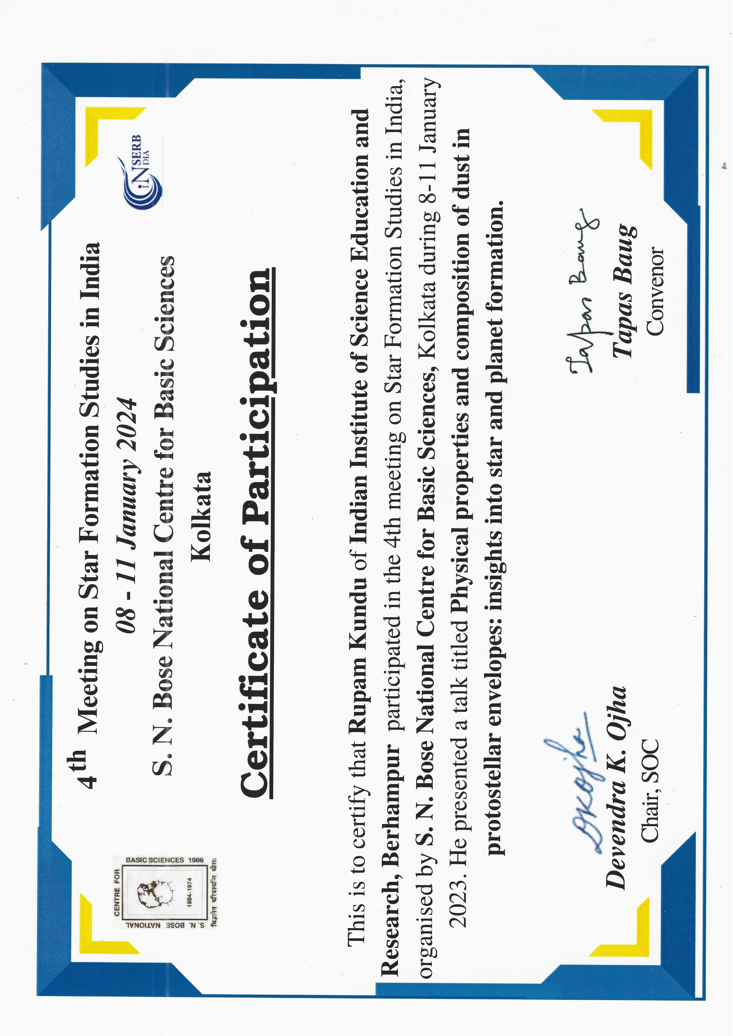 Certificate of Participation from SN Bose National Centre for Basic Sciences